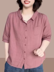 เสื้อเชิ้ตผู้หญิงแขนพองคอวีผ้าซาตินสไตล์เกาหลี ทรงหลวม แขนสั้น สีพื้น ดีไซน์เก๋ไก๋ สำหรับผู้หญิงวัย 35-39 ปี