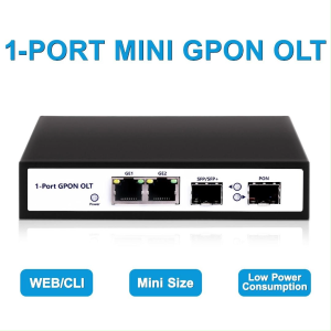 Mini GPON OLT 1PON FTTH Low Power Consumption DC 12V 1A Uplink 10G SFP+ and 2*GE RJ45 WEB Management Lightweight 128 ONUs