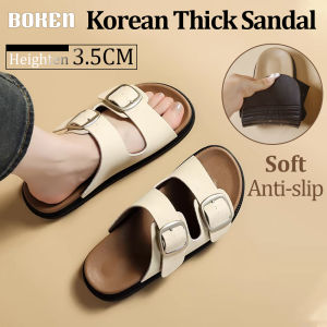 Korean Fashion Bottom Thick Sandals For Women Height Anti-slip Soft Slippers For Women Summer Outerwear Versatile Casual Tsinelas Flat Heel Adjustable Belt Buckle Wear-resistant Beach Travel PVC Material Sandla