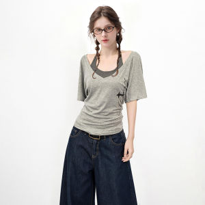 BAIDAIFEI | Gray Stripe V-Neck Halter Fitted Short Sleeve Top Two-Piece Set
