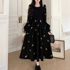 Knitted Patchwork Corduroy Embroidered Floral Long Dress Autumn Winter plus Size High Waist Slimming Coat Compatible Dress