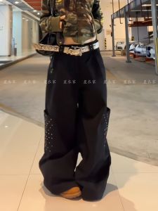 Retro American Design Rivet Patchwork Pocket Workwear Pants Womens Loose BF Lazy Style Floor-Length Jeans High Waist Denim