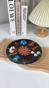 ดอกไม้สีดำ หมอนแต่งชาติ เซรามิค ขนาด 8 นิ้ว จานลายดอกไม้ จานเซรามิค จานขนาด 8นิ้ว