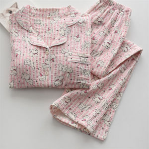 Blue Striped Long Sleeve Cotton Padded Nightgown Womens Spring Summer Thin Pure Cotton Flannel Sleepwear Comfortable Home Clothes