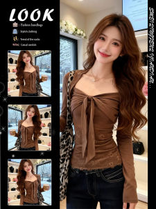 Elegant Two-tone Lace-spliced Slimming Long-sleeved T-shirt