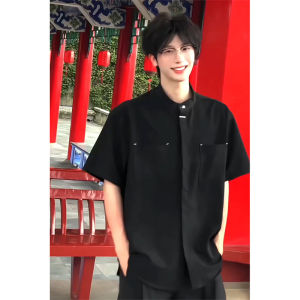 New Chinese Style Ice Silk Short Sleeve Shirt Mens Summer Engagement Workwear Stand Collar Breathable Polyester Fiber Shirt