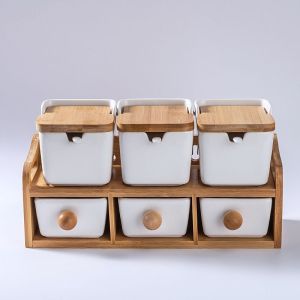 Tempat Penyimpanan Bumbu Dapur Keramik Dengan Nampan Kayu Tempat Penyimpanan Oil Vinegar