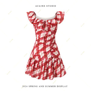 Rose Fragrance Mid-length Flounce Checkered Belted A-line Dress
