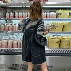 Slimming A-Line Denim Overalls Womens Summer Fashionable High Waist Short Pants Design Ageless Elegant Blue Jeans Fabric