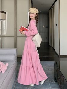 Pink Long Sweatshirt Dress Women Spring Autumn New High-End Super Beautiful  Pure Milk Sweet Dress round Neck Long Sleeve