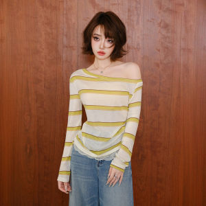 MIUCO | Áo Off-Shoulder Sọc Đẹp Dáng Viền Ren Tencel Merino Wool