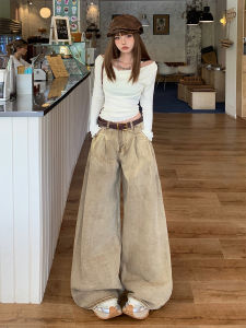 American Style Low Waist Wide Leg Denim Jeans Womens Autumn 2025 New Loose Drapey Floor-Length Pants Vintage Washed