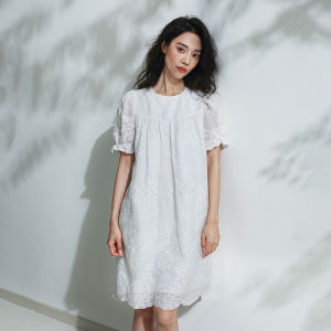 Miccbeirn | Elegant Pure Flax Embroidered Dress French Sweet Small Bubble Sleeve Midi Slimming Draping Fairy Skirt Summer Short Sleeve Round Neck