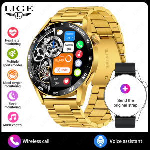 LIGE | LIGE 2026 New Smart Watch Men Gold Metal Strap Bluetooth Call Heart Rate Sleep Monitor Sport Fitness Smartwatch For Android IOS