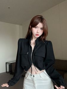 GUZILIAN | American Style Spicy Girl Double Zipper Stand Collar Drawstring Short Cardigan Jacket Women Autumn Small Pocket Workwear Style Top