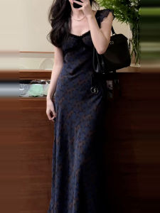 ZHENMANZI | Vintage French Style Blue Floral Lace Trim Fly Sleeve Waist Cinching Long Dress