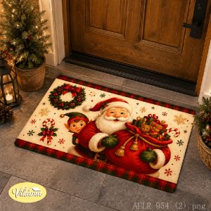 VIKAMA Christmas Candy Cane Plaid Doormat 2D Print Non‑Slip Holly Berry Xmas Entrance Floor Mat For Front Door Home Decor