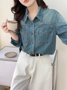 สไตล์ฮ่องกงย้อนยุค ผู้หญิง เดนิม เสื้อเชิ้ต ฤดูใบไม้ผลิ ฤดูใบไม้ร่วง ใหม่ ดีไซน์ เสื้อตัวนอกแขนยาวหลายชั้น ผ้าฝ้าย Blend