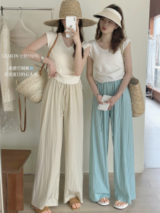 Casual Wide Leg Pants Womens Spring Summer Lightweight Pleated Loose Waist Belted Long Trousers Casual Straight Leg Trousers