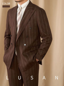 Italian Six-Button Suit Mens Slim Wool Stripe Vintage