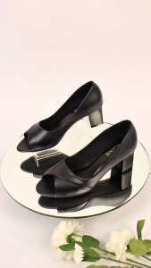 Giày cao gót nữ mũi hở màu đen - Lume da PU cao cấp đế cao su non chống trơn trượt đế cao 5cm