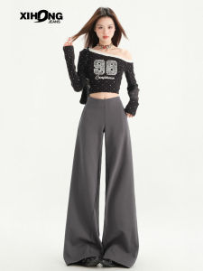 Quần Ống Rộng Cạp Cao Màu Xám Cho Nữ Mùa Xuân Hè Quần Ống Rộng Rộng Rãi Quần Dài Đến Sàn Quần Công Sở Thường Ngày