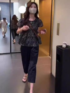 Casual Loose Black Chiffon Top And Nine-Piece Pants Womens Summer Fashion Set Slimming Effect Wooden Edge Design Two-Piece Suit