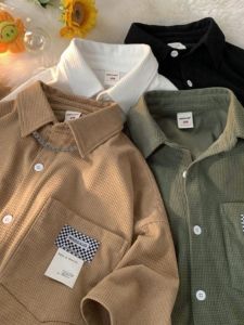 Summer Japanese Thin Ins Waffle Shirt Short Sleeve Mens Trendy Labeling Casual Loose Cardigan Half Sleeve Shirt