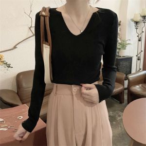 Áo Len Dệt Kim Cổ Chữ V Ôm Vừa Vặn Cho Nữ Mùa Thu 2025 Áo Lót Bên Trong Thời Trang Thường Ngày Dài Tay Mềm Mại