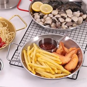 Chảo Paella hải sản bằng thép không gỉ 26cm chảo inox mạ vàng khay hải sản Hàn Quốc inox có quai tiện dụng chảo đựng cơm chiên gà chiên mì ý Salad