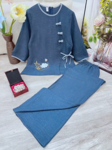 Đồ Lam Pháp Phục Thêu Hoa Sen Vải Đũi Vân Mây Cao Cấp - Bộ Pháp Phục Đi Chùa Tay Lỡ Quần Suông Mềm Mát Có Size S-XL