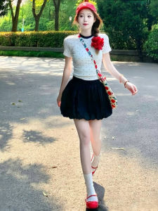 กระโปรงทรงเอเอวสูงสีดำ ชุดกระโปรงสั้นทรงพองสำหรับผู้หญิงในฤดูร้อน ชุดกระโปรงทรงดอกไม้ ชุดกระโปรงทรงพอง ชุดกระโปรงสั้น