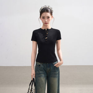 BAIDAIFEI | Black Horn Button Henley Short Sleeve T-Shirt Slim Fit