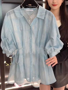 French V-neck Dyed Waist-cinching Five-quarter Sleeve Shirt Womens Summer Fashionable Elegant Slimming Stylish Blouse