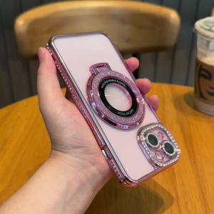 CrashStar Diamond Glitter Foldable Magsafe Stand Soft Transparent Phone Case For iPhone 16 15 14 Pro Max Plus 16e 13 12 11 Pro Max Luxury Rhinestone Plating Phone Casing Magnetic Wireless Charging Shockproof Phone Cover With Glitter Lens Films Protector