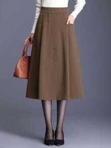 High Waist Midi Skirt Slimming Casual A-Line Half-length Autumn Fashion Pure Color Elastic Waist Midi Skirt for Women