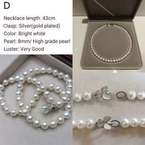DaVee | High grade natural pearl necklace 8mm pearl silver clasp gold plated Akoya bright white pearl necklace