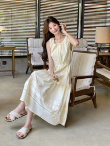 Sweet Yellowish Beige Sleeveless Shirt Dress A-Line Skirt Korean Style Commute Polka Dot Patchwork Drawstring Cord Waist