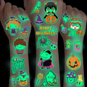 10 แผ่นตลกเรืองแสงในที่มืดกลางคืนฟักทองกะโหลกรอยสักชั่วคราวสำหรับปาร์ตี้ฮาโลวีนการ์ตูนส่องสว่างผีกริมรีปเปอร์