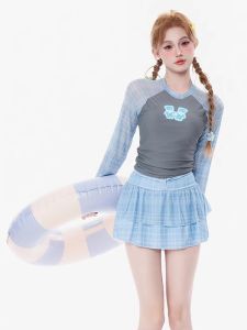 Trendy Long Sleeve Bikini Womens Swimsuit Bear Grey Blue Checkered Cute Girl Student Onsen Network Famous Yoga Fitness Sportswear