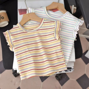 Sonkpuel | Baby Toddler Girls Summer T-Shirt Ice Silk Striped Crew Neck Short Sleeve Korean Style Fashion Casual Basic Tee