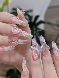 Long Nail Strips Ice Transparent Pink Snake Baby Fake Nails Wearable Nail Art Finished Product Internet Famous Model Nail Stickers