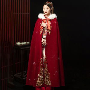 Wedding Shawl Long Red Warmth for Brides Chinese Style Wedding Show He Long Padded Shawl Autumn Winter Essential Fashion Accessory