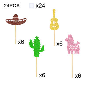 YOMDID 24Pcs Mexican Fiesta Cupcake Toppers Glitter Cake Toppers Sombrero Guitar Cactus Pony Picks for Summer Party Decorations