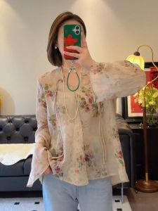 YUFUQING | New Chinese Style Floral Tie V-neck Long Sleeve Womens Shirt Early Autumn New Style High Sense Loose Slimming Top