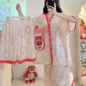 Summer Stripe Sleepwear Womens Short Sleeve Three-Piece Set plus Size Comfortable Casual Home Clothes Trendy Ice Silk Fabric