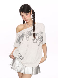 Sweet And Spicy Shoulder Bared Short Sleeve T Shirt Women Summer Slimming Exposed Shoulder Top Biggold Star Graffiti Y2K Tie Dye