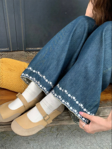 imimtuan | Quần Jeans Dài Ngang Chân Form Rộng Thêu Viền Nữ