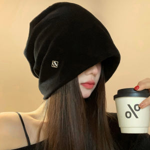Metal Letters Small Label Black Pile Heap Cap Womens Autumn and Winter Wild Big Head Circumference Beanie Hat Small Face Pullover Head-Wrapping Hat
