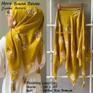 Hijab Segi Empat Motif Bunga Lilly Bahan Potton Star Premium Tasel Mutiara Jambul Pompom Terbaru 2023